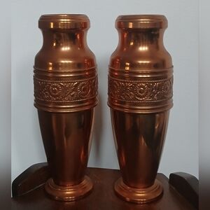 Pair of Vintage Copper Mantle Vases with Embossed Floral Bands
